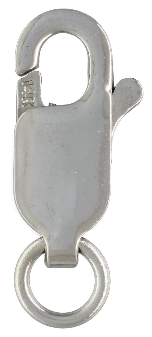 Clasp, Lobster Claw, 14kt White Gold, 10x4mm with Jump Ring Rhodium Plated. Sold individually